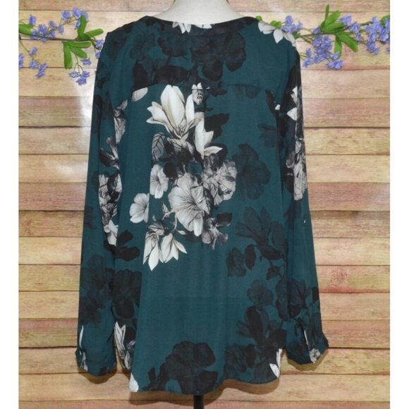Zac & Rachel Womens Green Floral V-Neck Blouse Plus Size 2X Long Roll Tab Sleeve - Picture 9 of 12